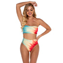 2 in 1 Polyester Tie-dye Tube Top Bikini Ladies High Waist Split Swimsuit Set with Chest Pad (Color:Red Yellow Blue Size:S)
