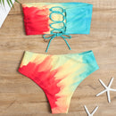 2 in 1 Polyester Tie-dye Tube Top Bikini Ladies High Waist Split Swimsuit Set with Chest Pad (Color:Red Yellow Blue Size:M)