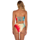 2 in 1 Polyester Tie-dye Tube Top Bikini Ladies High Waist Split Swimsuit Set with Chest Pad (Color:Red Yellow Blue Size:M)