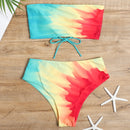 2 in 1 Polyester Tie-dye Tube Top Bikini Ladies High Waist Split Swimsuit Set with Chest Pad (Color:Red Yellow Blue Size:XL)
