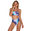 2 in 1 Polyester Tie-dye Tube Top Bikini Ladies High Waist Split Swimsuit Set with Chest Pad (Color:Pink Blue Size:M)
