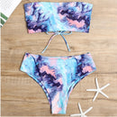 2 in 1 Polyester Tie-dye Tube Top Bikini Ladies High Waist Split Swimsuit Set with Chest Pad (Color:Pink Blue Size:M)