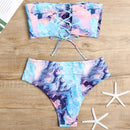 2 in 1 Polyester Tie-dye Tube Top Bikini Ladies High Waist Split Swimsuit Set with Chest Pad (Color:Pink Blue Size:M)