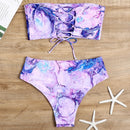 2 in 1 Polyester Tie-dye Tube Top Bikini Ladies High Waist Split Swimsuit Set with Chest Pad (Color:Purple Size:M)