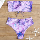 2 in 1 Polyester Tie-dye Tube Top Bikini Ladies High Waist Split Swimsuit Set with Chest Pad (Color:Purple Size:XL)
