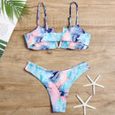 2 in 1 Polyester Tie-dye Sling Bikini Ladies Split Swimsuit Set with Chest Pad (Color:Pink Blue Size:M)