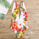 Deep V-neck Printed Triangle One-Piece Swimsuit for Ladies, with Chest Pad (Color:Big Flower on White Background Size:S)