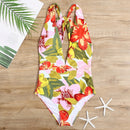 Deep V-neck Printed Triangle One-Piece Swimsuit for Ladies, with Chest Pad (Color:Big Flower on White Background Size:M)