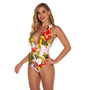 Deep V-neck Printed Triangle One-Piece Swimsuit for Ladies, with Chest Pad (Color:Big Flower on White Background Size:L)