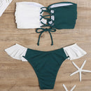 2 in 1 Pit-striped Two-color Stitching Tube Top Bikini Ladies Split Swimsuit Set with Chest Pad (Color:White and Green Size:S)