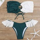 2 in 1 Pit-striped Two-color Stitching Tube Top Bikini Ladies Split Swimsuit Set with Chest Pad (Color:White and Green Size:L)