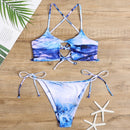 2 in 1 Printed Lace-up Bikini Ladies Split Swimsuit Set with Chest Pad (Color:Sea Blue Size:S)