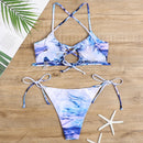 2 in 1 Printed Lace-up Bikini Ladies Split Swimsuit Set with Chest Pad (Color:Sea Blue Size:L)
