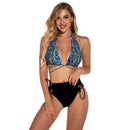 2 in 1 Ladies Deep V Neck Halter Backless Bikini Leopard Print Split Swimsuit Set with Chest Pad (Color:Blue Colorful Size:S)