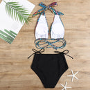 2 in 1 Ladies Deep V Neck Halter Backless Bikini Leopard Print Split Swimsuit Set with Chest Pad (Color:Blue Colorful Size:S)