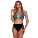 2 in 1 Ladies Deep V Neck Halter Backless Bikini Leopard Print Split Swimsuit Set with Chest Pad (Color:Blue Colorful Size:S)
