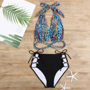 2 in 1 Ladies Deep V Neck Halter Backless Bikini Leopard Print Split Swimsuit Set with Chest Pad (Color:Blue Colorful Size:M)