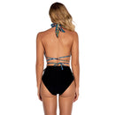 2 in 1 Ladies Deep V Neck Halter Backless Bikini Leopard Print Split Swimsuit Set with Chest Pad (Color:Blue Colorful Size:M)