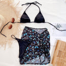 3 in 1 Lace-up Halter Backless Bikini Ladies Split Swimsuit Set with Butterfly Pattern Mesh Short Skirt (Color:Black Size:M)