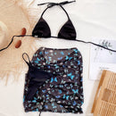 3 in 1 Lace-up Halter Backless Bikini Ladies Split Swimsuit Set with Butterfly Pattern Mesh Short Skirt (Color:Black Size:M)