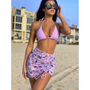 3 in 1 Lace-up Halter Backless Bikini Ladies Split Swimsuit Set with Butterfly Pattern Mesh Short Skirt (Color:Purple Size:S)