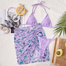 3 in 1 Lace-up Halter Backless Bikini Ladies Split Swimsuit Set with Butterfly Pattern Mesh Short Skirt (Color:Purple Size:M)
