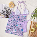 3 in 1 Lace-up Halter Backless Bikini Ladies Split Swimsuit Set with Butterfly Pattern Mesh Short Skirt (Color:Purple Size:L)