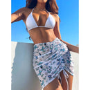 3 in 1 Lace-up Halter Backless Bikini Ladies Split Swimsuit Set with Butterfly Pattern Mesh Short Skirt (Color:White Size:M)