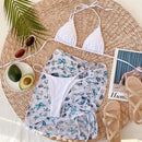 3 in 1 Lace-up Halter Backless Bikini Ladies Split Swimsuit Set with Butterfly Pattern Mesh Short Skirt (Color:White Size:M)