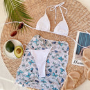 3 in 1 Lace-up Halter Backless Bikini Ladies Split Swimsuit Set with Butterfly Pattern Mesh Short Skirt (Color:White Size:L)