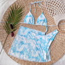 3 in 1 Lace-up Halter Backless Bikini Ladies Tie-Dye Split Swimsuit Set with Mesh Short Skirt (Color:Sky Blue Size:S)