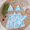3 in 1 Lace-up Halter Backless Bikini Ladies Tie-Dye Split Swimsuit Set with Mesh Short Skirt (Color:Sky Blue Size:S)