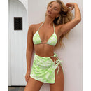 3 in 1 Lace-up Halter Backless Bikini Ladies Tie-Dye Split Swimsuit Set with Mesh Short Skirt (Color:Green Size:S)