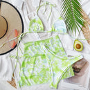 3 in 1 Lace-up Halter Backless Bikini Ladies Tie-Dye Split Swimsuit Set with Mesh Short Skirt (Color:Green Size:S)