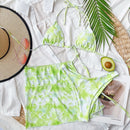 3 in 1 Lace-up Halter Backless Bikini Ladies Tie-Dye Split Swimsuit Set with Mesh Short Skirt (Color:Green Size:M)