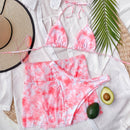 3 in 1 Lace-up Halter Backless Bikini Ladies Tie-Dye Split Swimsuit Set with Mesh Short Skirt (Color:Pink Size:S)