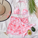 3 in 1 Lace-up Halter Backless Bikini Ladies Tie-Dye Split Swimsuit Set with Mesh Short Skirt (Color:Pink Size:L)