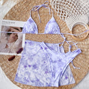3 in 1 Lace-up Halter Backless Bikini Ladies Tie-Dye Split Swimsuit Set with Mesh Short Skirt (Color:Purple Size:S)