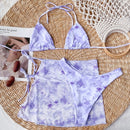 3 in 1 Lace-up Halter Backless Bikini Ladies Tie-Dye Split Swimsuit Set with Mesh Short Skirt (Color:Purple Size:L)