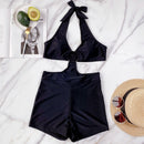 Ladies Big Steel Ring One-Piece Swimsuit Halter Bikini with Chest Pad (Color:Black Size:S)