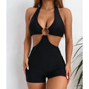 Ladies Big Steel Ring One-Piece Swimsuit Halter Bikini with Chest Pad (Color:Black Size:M)