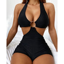 Ladies Big Steel Ring One-Piece Swimsuit Halter Bikini with Chest Pad (Color:Black Size:M)