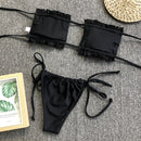 2 in 1 Double-layer Nylon Pleated Tube Top Bikini Ladies Split Swimsuit Set (Color:Black Size:L)