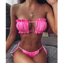 2 in 1 Double-layer Nylon Pleated Tube Top Bikini Ladies Split Swimsuit Set (Color:Pink Size:S)