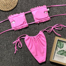 2 in 1 Double-layer Nylon Pleated Tube Top Bikini Ladies Split Swimsuit Set (Color:Pink Size:M)