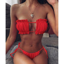 2 in 1 Double-layer Nylon Pleated Tube Top Bikini Ladies Split Swimsuit Set (Color:Red Size:S)