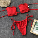 2 in 1 Double-layer Nylon Pleated Tube Top Bikini Ladies Split Swimsuit Set (Color:Red Size:S)