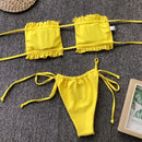 2 in 1 Double-layer Nylon Pleated Tube Top Bikini Ladies Split Swimsuit Set (Color:Yellow Size:L)