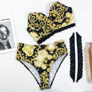 2 in 1 Detachable Lace Strap Bikini Ladies Split Swimsuit Set with Chest Pad (Color:Yellow Size:S)