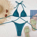 2 in 1 Solid Color Pit-striped Bikini Ladies Split Swimsuit Set with Chest Pad (Color:Green Size:L)